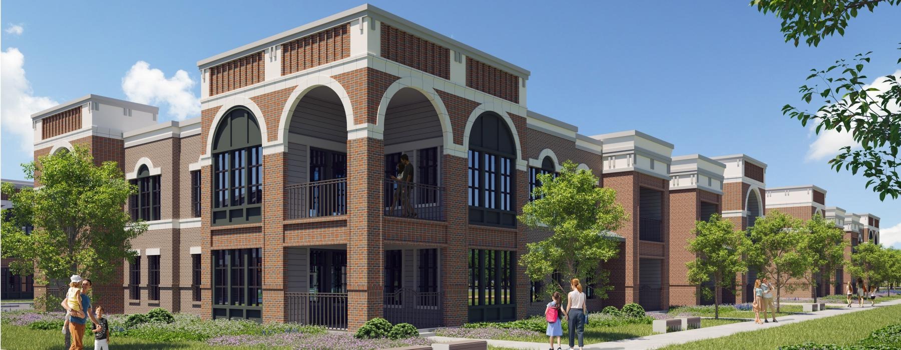 a building with people walking around