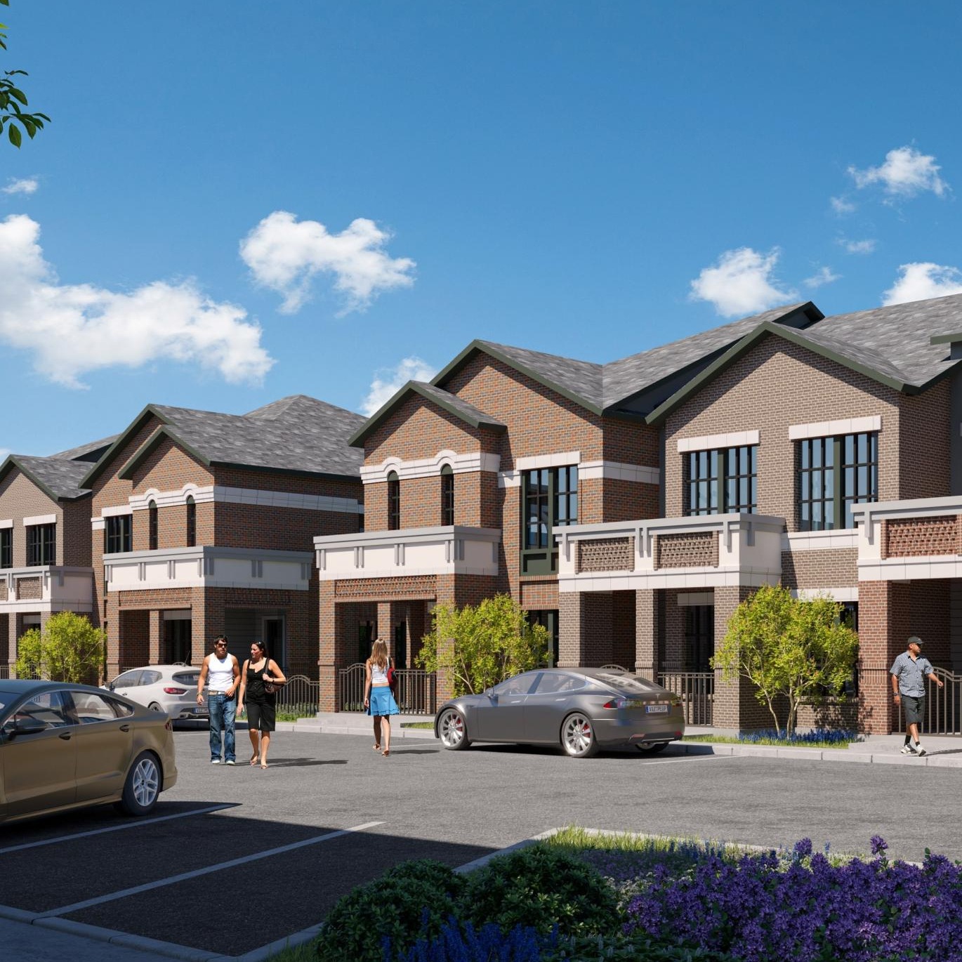 a building with a parking lot and cars in front