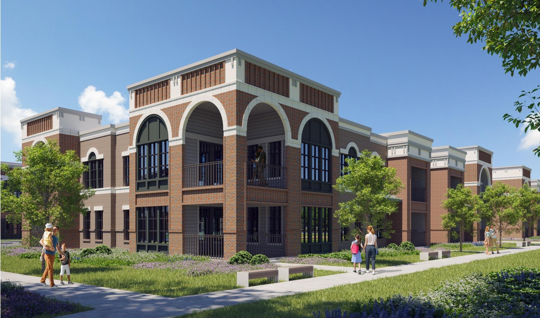 a building with people walking around