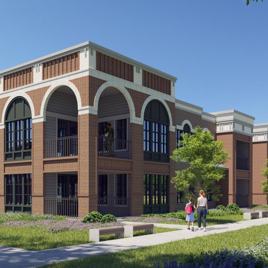 a building with people walking around